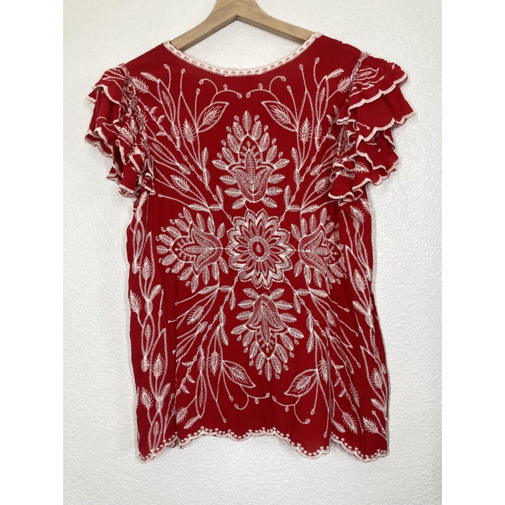 Solitaire Blouse Womens Medium Red Floral Embroidered Ruffle Flutter Top Boho - Picture 5 of 16